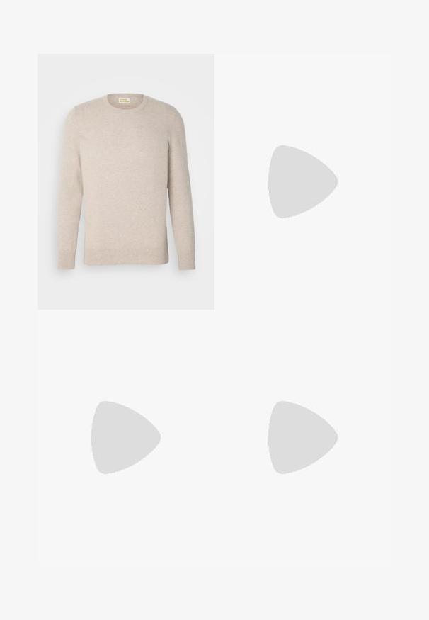 FROM FUTURE Pulover - beige mouline; Črne jeans hlače z ravnim krojem, z gumbom za zapiranje, petimi žepi in minimalnim šivom za čist videz.; Črne usnjene čipkaste čevlje z zaobljenim nosom, gladko teksturo, minimalnim šitjem in nizkim gumijastim peto. Logo na peti.; Črna torba za šport z teksturiranim sintetičnim materialom. Ima dve ročaji in nastavljiv ramenski trak. Preprost dizajn brez vidnih vzorcev.