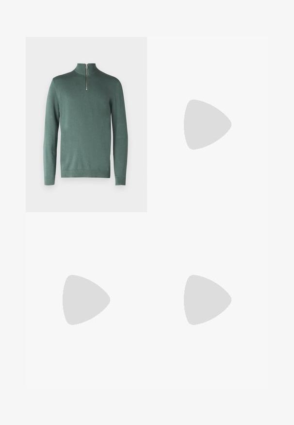 Only & Sons ONSALEX HALF ZIP - Pulóver - chinois green; Fekete ujjatlan trikók három darabos kiszerelésben. Bordás textúra, klasszikus kerek nyakkivágás. Az alján kis márkajelzés található.; Világoskék farmernadrág, egyenes szárú dizájnnal, magas derekú és minimális varrási részletekkel. Az anyag puha, enyhén megfestett textúrájú.; Fehér tornacipők sima szintetikus anyagból, perforált díszítéssel, fekete sarkú táblával és lapos fehér gumitalppal.; Fekete nejlon övtáska, több cipzáras zsebbel, állítható pánttal és egy piros szövet címkével, amely szöveget tartalmaz. Kompakt és praktikus kialakítás.