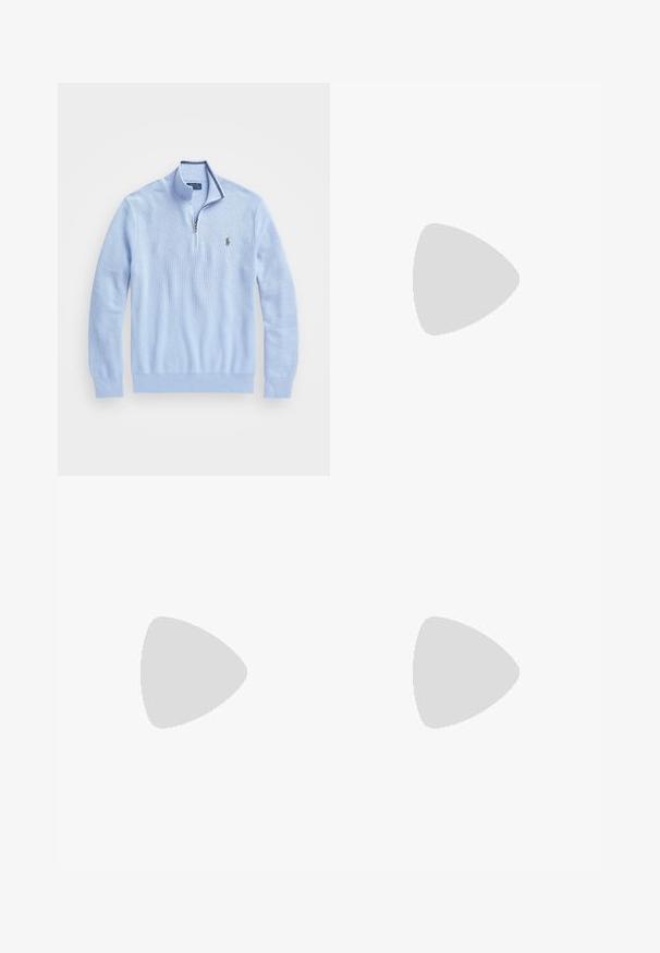 Polo Ralph Lauren KNIT COTTON QUARTER ZIP JUMPER - Džemperis - blue hyacinth; Baltas garām piedurknēm T-krekls, izgatavots no kokvilnas. Tam ir apaļa kakla izgriezne, ribotas piedurknes un neliels tumši zilas polo logo kreisajā krūtī.; Baltas kokvilnas bikses ar elastīgu jostu, priekšējām kabatām un pogu detaļu. Tiešas kāju dizains ar gludu tekstūru.; Baltas zems sports apavi ar melnu papēdi un melnu Polo Ralph Lauren logotipu sānos, ar baltām auklām un biezu gumijas zoli.