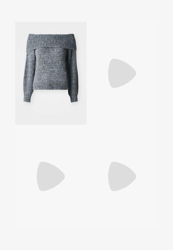 Sivi pulover s otvorenim ramenima, pletena tekstura, duži rukavi, rebrasti rub i izrez s opuštenim krojem, prikladan za slojevito nošenje.; Tri dugih rukava posložena: crna, siva i bijela. Svaka ima okrugli izrez i skrateni kroj s glatkom, laganom tkaninom.; Crne hlače na tregere od rastezljivog materijala. Imaju širok pojas i glatku teksturu, s uskim krojem koji se širi na rubu.; Sive suede tenisice s bijelim vezicama, crnim prugama i bijelim gumiranim potplatom. Imaju kružni logo na jeziku i gumeni potplat.