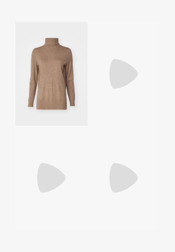 Brūns turtlenecks džemperis, kas izgatavots no mīksta auduma, ar garām piedurknēm un ribota akcenta kaklu un apakšmali. Klasisks un vienkāršs dizains.; Gaiši zili flīšu džinsi ar augstu jostasvietu, divu pogu aizdari, izbalējušu tekstūru un kontrastējošu vīli gar apakšmalu un kabatām.; Burgundijas lakota ādas potīšu zābaciņi ar smailu purngalu un šauru stiletto papēdi, kas izceļas ar gludu, spīdīgu tekstūru un minimālistisku dizainu.; Tīģerbrūnā sauļošanās brillēm ar izstieptām ovālām lēcām, brūnu tonējumu, zeltītiem logotipa akcentiem uz tempļiem un plānām melnām kājām.; Zelta riņķa auskars uz modeļa ar gludi atpakaļ ieveidotiem brūniem matiem, profila skatījumā, kas izceļ auskara atstarojošo virsmu un gludo dizainu.