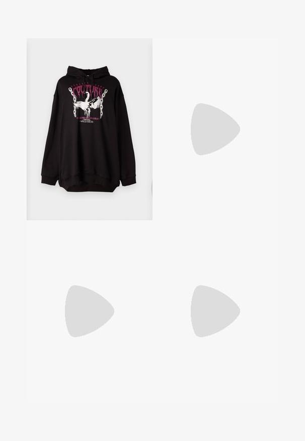 Black oversized hoodie made of soft fabric, featuring a front graphic with pink and white text and illustrations of swans and chains.; Black flared pants made from a smooth fabric, featuring slits at the hem tied with bows for added detail.; Black leather high-heeled sandals featuring a square toe, two thin straps, and a decorative gold buckle with ornate detailing on the side.; Black cat-eye sunglasses with dark lenses, featuring gold geometric accents on the temples and a sleek matte finish.