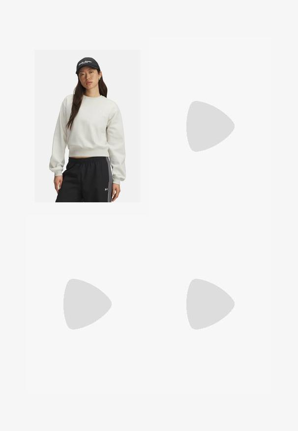 Helehall sweatshirt ribadega ja alläärega, millel on rindkeres väike valge logo. Kombineeritud mustade spordipükstega, millel on külgtriibud.; Mustvalge spordikrop, mis on valmistatud siledast materjalist, ruudukujulise kaelusega ja laiemate rihmadega. Küljel on väike valge logo.; Mustad mustad lühikesed püksid, mis on valmistatud venivast kangast, kõrge vöökoht ja küljetaskud. Sile tekstuur, lame õmblus ja logo aktsent.; Spordijalatsid helesinises ja beežis toonis, tekstuuridega külgpaneelidega, pruunide aktsentidega ja paindlike talladega. Kannab siniseid retuuse ja valgeid sokke.