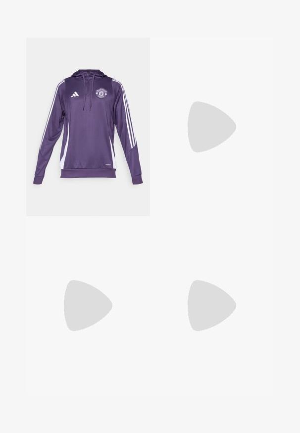 Lilla atletisk hoodie med hvide sidelister, med et logo på brystet og en halv-zip design. Fremstillet af glat, åndbart stof.; Hvid kortærmet t-shirt fremstillet af stof med en glat tekstur. Har et sort adidas-logo på venstre bryst og en mønstret krave.; Hvide sportsbukser lavet af glat stof, med elastisk talje og tætsiddende manchetter, og med et sort logo på baglommen.; Hvide atletik sko med mesh overdel, der har tre sorte striber på siden, samt en tekstureret gummisål for godt greb.