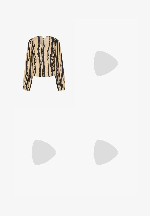 Long-sleeve, V-neck blouse in beige with black vertical stripes. Texture is slightly crinkled. Cuffed sleeves add detail to the design.; Beige corduroy trousers with a loose fit, featuring a drawstring waist, two front pockets, and vertical ribbed texture.; Light grey sneaker made of suede and mesh, featuring three white stripes, round toe, and a gum rubber sole. Gold logo accent near laces.; Green tank top with lace detail at the shoulder and neckline, featuring a fitted design and soft fabric. Paired with light-colored trousers.
