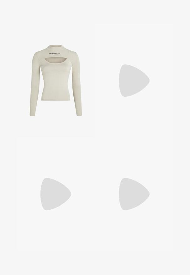 Šviesiai béžinė banguota ilgarankovė palaidinė su aukštu apykaklės iškirpimu ir išpjova, ant kurios juodai pavaizduotas "KARL LAGERFELD JEANS"LOGOTIPAS.; Juodas dirbtinės odos pieštuko sijonas su krokodilo tekstūra, įcentrinė auksinė užtrauktukas ir glotnus paviršius.; Juodas odinis aukštakulnis batelis su smailiu priekiniu galu, kulkšnies dirželiu ir plonu kulnu. Lygi textura su auksiniu akcentu ant kulno pagrindo.; Žalios saulės akinių su blizgiu paviršiumi, stačiakampiai rėmeliai ir tamsiai žalios objektyvai. Šone yra subtilus logotipas ant šventyklos.; Juodas odinis rankinukas su auksine katės formos rankena, turintis priekinę atvartą, reguliuojamą diržą ir logotipo detalę apatiniame priekyje.