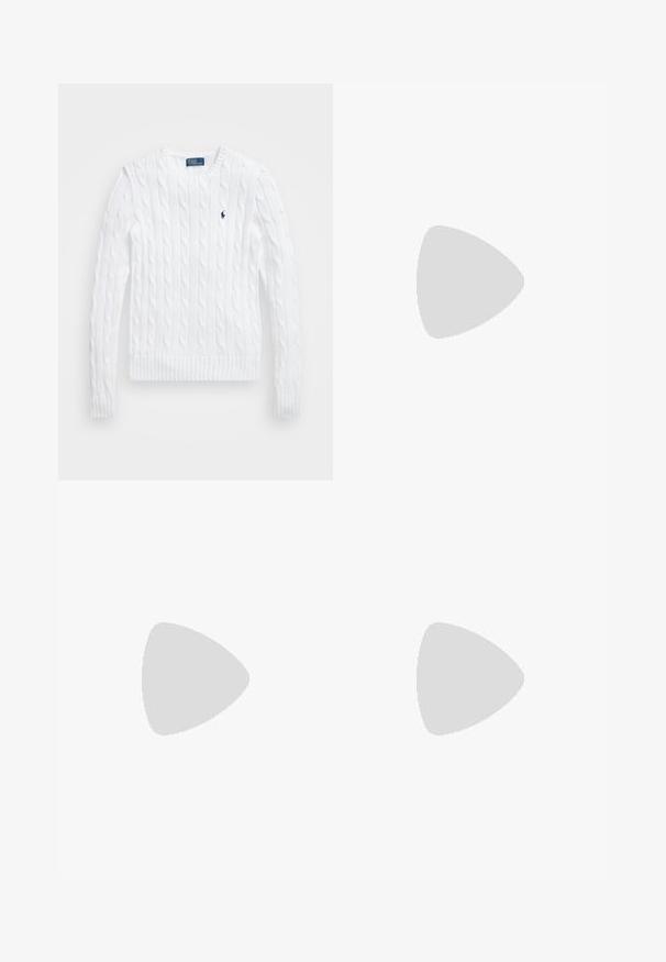 White cable-knit sweater with a crew neck, ribbed cuffs and hem, featuring a small blue logo on the chest for detailing.; Black wide-leg pants made of woven fabric, featuring a high waist, front button closure, and side pockets. Smooth texture with clean lines.; Strappy high-heeled sandal in white leather with a sleek design, a transparent block heel, and a decorative element at the toe.; Black leather handbag with a curved shape, gold hardware, and a detachable strap. Textured gray knit sweater worn over black pants.