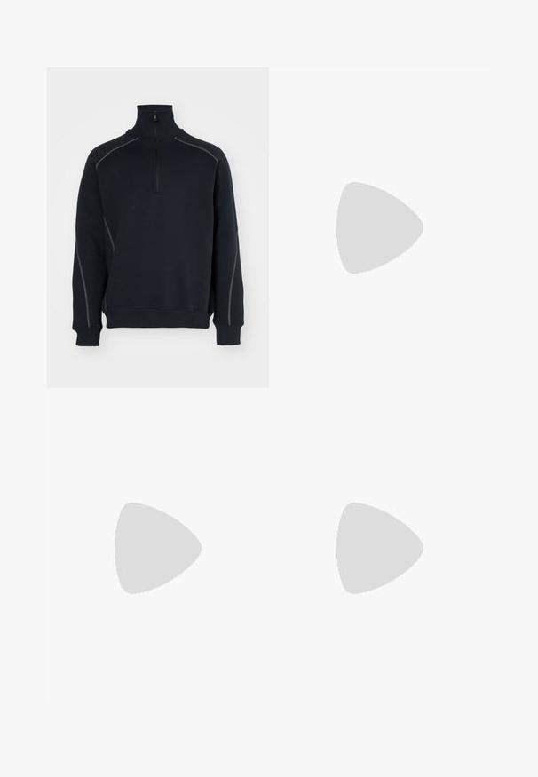 J.LINDEBERG CANTER QUARTER ZIP - Melegítőfelső - black; Magas derekú, bővülő farmernadrág sötétkék denim anyagból. Két elülső zsebbel, gombos záródással és varrott díszítéssel a varratok mentén.; Fehér sneaker suédé részletekkel, kerek orral, lapos fűzőkkel és krémszínű gumitalppal. Zöld logó található a sarkán.; Fekete kerek napszemüveg sötét lencsékkel és karcsú fém szárakkal. Átlátszó szárvégeket és ezüst részleteket tartalmaz az ívnél. Minimalista dizájn.