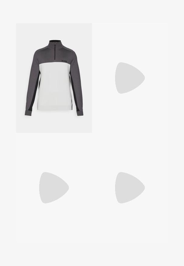 Zip-up sweatshirt med hög krage, med en grå övre och vit nedre del, texturerad tyg och svarta detaljer på ärmarna. Logotyp ingår.; Vit sporttopp med kort ärm, tillverkad av fukttransporterande tyg. Har en svart logotyp på vänster bröst och ett mönstrat inre halsringning.; Svarta träningsbyxor med elastisk midja, vita sidostreck och en liten vit logotyp på låret. Tillverkade av ett slätt, lätt material.; Svarta sportskor med ett texturerat nätövre, vita accentlinjer, en dämpad sula och en förstärkt häl för stöd.