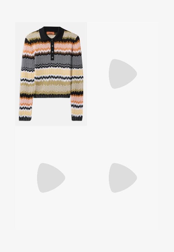 Maglione polo lavorato a maglia in un motivo zigzag multicolore, con colletto nero e placca con bottoni. Morbido al tatto, con maniche lunghe e polsini a costine.; Pantaloni in denim bianco con vita alta e taglio ampio. Presentano chiusura con bottone e zip, passanti per cintura e dettagli di cucitura sottili.; Sneaker in pelle nera con strisce bianche, punta rotonda, lacci bianchi e suola in gomma. Menzionate del collare imbottito e dettagli del marchio.; Occhiali da sole color crema con lenti ovali, tonalità nera e accenti metallici con logo alle tempie. Texture liscia, design a occhio di gatto.