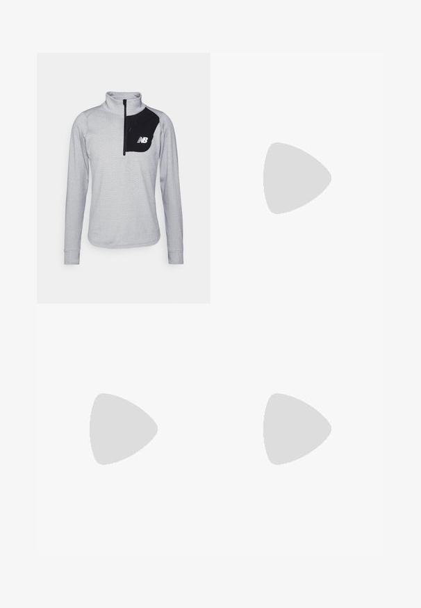 Suéter de color gris claro con medio cierre, que presenta un patrón texturizado, un bolsillo con cremallera negra en el pecho y el logo de New Balance en blanco.; Camiseta blanca de manga corta fabricada con una tela de textura suave. Presenta un logo negro de adidas en el lado izquierdo del pecho y un cuello con un patrón.; Pantalones deportivos blancos de tela suave, con cinturilla elástica y puños ajustados, y un logo negro en el bolsillo trasero.; Zapatillas de running ligeras en azul pálido con rayas negras. Presentan una parte superior suave, puntera redonda y una gruesa mediasuela blanca etiquetada como "LIGHTSTRIKE PRO".