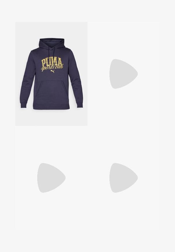 Tumed sinine kapuutsiga sviiter, mis on valmistatud puuvilla segust, millel on ees kangaroopäkk ja kollane kulunud trükk, mis ütleb "PUMA spordiklubi."; Valge ümar kaelusega T-särk, mis on valmistatud puuvillast, lühikeste varrukatega ja vasakus rinnas on väike tikand. Pehme tekstuur.; Mustast puuvillasegustest spordipükstest, millel on elastne vöökoht ja väike valge logo vasakul küljel. Kitsenev jalaosa disain.; Valged spordijalatsid, millel on sile sünteetiline pealmine osa, must logo aktsent ja perforatsioonid külgedel. Kummikreen.