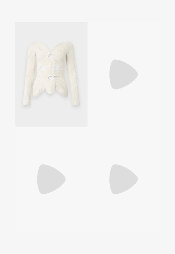 Off-white knitted top featuring long sleeves, textured patterns, cut-out accents, and a distinctive body-hugging shape.; Black tailored trousers made of a smooth fabric, featuring a straight-leg design, and two side pockets. Elegant and minimalistic construction.; Black leather ballet flat with a rounded toe, smooth texture, minimal stitching detail, and a flexible sole design.; Black leather handbag with a curved shape, featuring a decorative design on the front, a short strap, and gold-tone hardware accents.