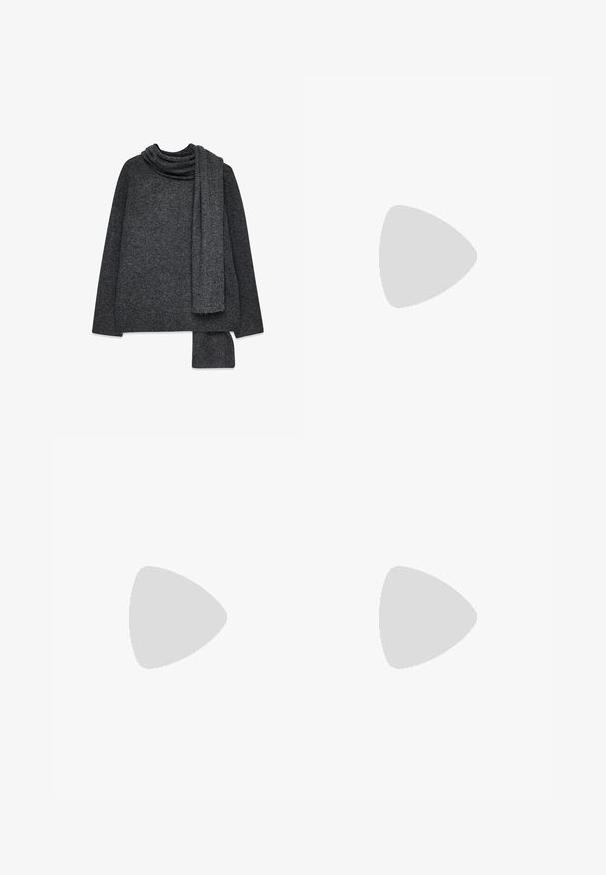 Dunkelgrauer, oversized Strickpullover mit einem Schalkragen und passendem Schal, der eine strukturierte Oberfläche und gerade geschnittene Ärmel aufweist.; Langärmliges, kastanienrotes Hemd mit Knöpfen, das vertikale weiße und bunte Streifen aufweist, mit einem klassischen Kragen und einem abgerundeten Saum.; Dunkelblaue, weite High-Waist-Hosen aus Denim mit einem Knopfverschluss vorne, zwei Seitentaschen und Nähdetails.; Schwarze Leder-Cowboystiefel mit spitzer Zehenform, niedrigem, gestapeltem Absatz und kunstvollem, geprägtem Blattmuster am Schaft. Schleife am oberen Ende für einfaches Anziehen.; Burgunderfarbene Handtasche aus Lackleder mit glatter Textur, geschwungener Form, einem Schulterriemen und goldenem "kazar"-Logo auf der Vorderseite.