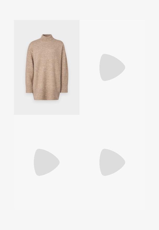 Beige kötött pulóver magas garbóval, ejtett vállakkal és bordás szegéllyel, amely puha tapintású és laza fazonú.; Bordó kordbársony széles szárú farmernadrág öt zsebel, elülső gombos záródással és texturált anyaggal. A széles szárak a térdtől a szegélyig terjednek.; Fekete bőr platform loaferek lekerekített orral és széles pánttal a lábfejen. Jellemzőjük egy telített, négyzet alakú sarok és sima felület.; Cica szemüveg fekete és narancssárga teknőc pánttal, barna lencsékkel és sima, hegyes végekkel. A templomán egy minimalista logó található.