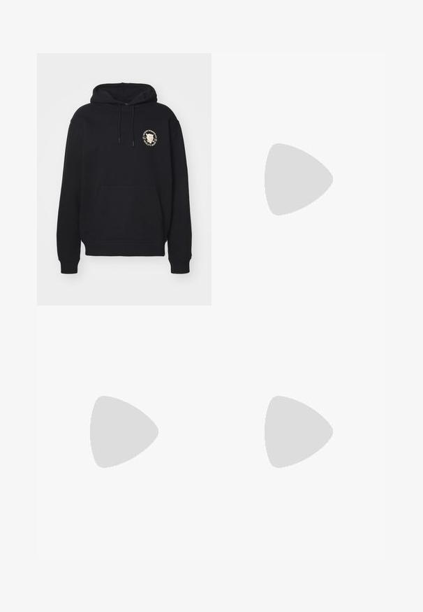 Black hoodie with a drawstring hood, kangaroo pocket, ribbed cuffs, and hem. Features a gold circular logo on the left chest area.; Wide-leg, blue denim jeans with a high waist, featuring five pockets, a button closure, and subtle fading for texture.; White leather sneakers with grey suede toe cap, three horizontal white stripes, blue accent, and brown rubber outsole. Textured detail on the sole.; Black oval sunglasses with dark lenses, thick frames, and silver dot accents on the sides. Smooth plastic material, contemporary design.
