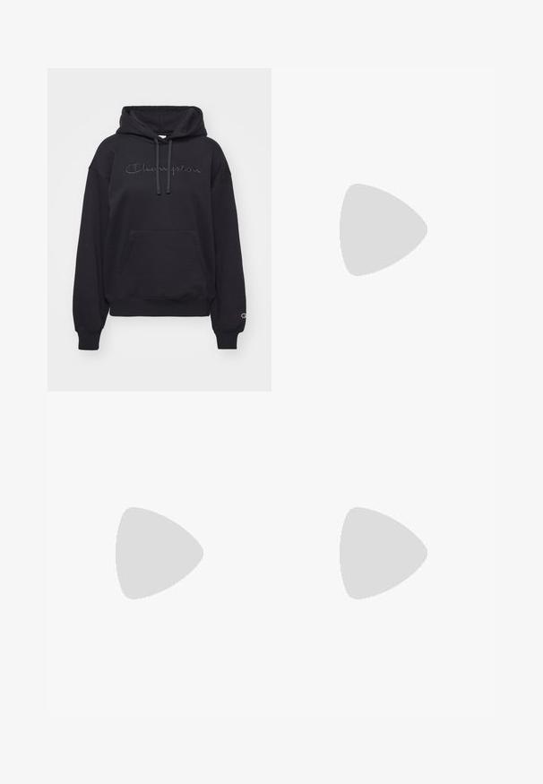Champion ICONS HOODIE TONAL LOGO LARGE - Felpa - black; Pantaloni sportivi neri realizzati in misto cotone, con vita elasticizzata regolabile, gambe dritte e logo bianco Nike sul lato sinistro.; Scarpa sportiva nera con accenti grigi, tomaia in sintetico liscio, suola testurizzata, punteggiante arrotondata e lacci piatti. Design classico con dettagli del logo.; Occhiali nere rettangolari con lenti trasparenti e una leggera sfumatura viola, dotati di steli eleganti e di un design minimalista.; Borsa a tracolla in pelle nera con un design strutturato, maniglia superiore e chiusura dorata. Presenta una superficie testurizzata con logo in rilievo.
