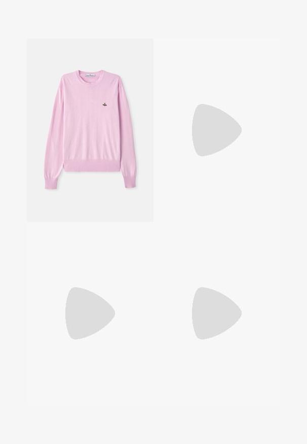 Pull en laine rose clair à col rond, avec des manches longues et un petit emblème brodé multicolore sur la poitrine gauche.; Chemise boutonnée rose clair avec des rayures verticales bleues, col classique, manches longues et coupe loose. Fabriquée dans un tissu lisse avec un léger éclat.; Pantalons plissés noirs avec un design droit et large. Fabriqués en tissu lisse, avec une fermeture à bouton et des passants de ceinture.; Baskets en suède rose avec des rayures noires, semelle en gomme et talon en velours violet texturé. Présente un design à lacets et un logo embossé sur le côté.