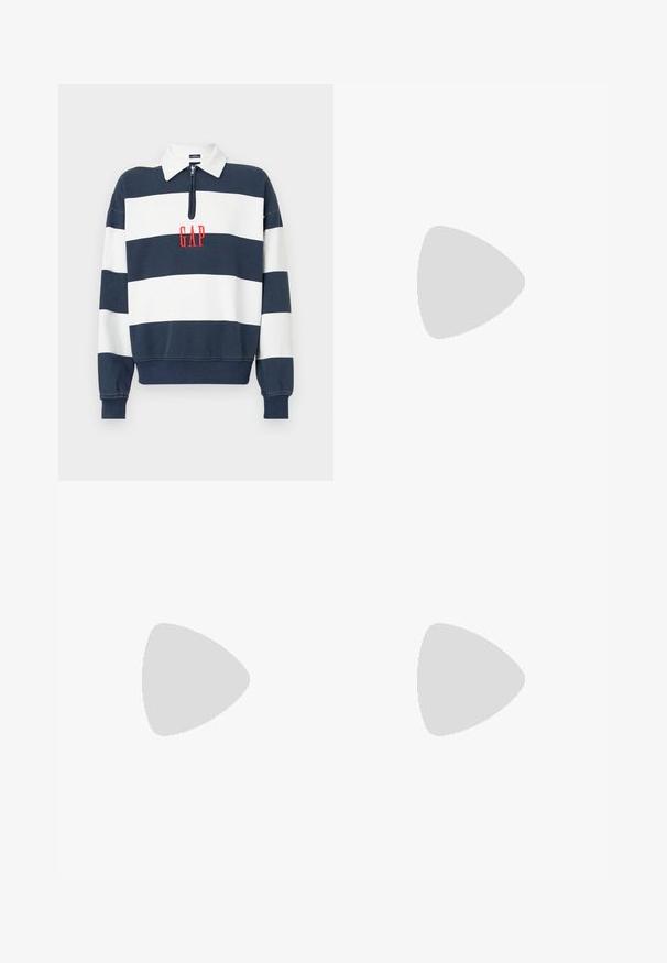 Sudadera de rayas en azul marino y blanco con cuello de cremallera, que presenta el logotipo bordado "GAP" en rojo en el centro. Tela suave, ajuste relajado.; Jeans de mezclilla azul de pierna recta con un lavado desgastado, que cuentan con un diseño de cinco bolsillos, botón de metal y presillas para cinturón. Tejido estructurado y de peso medio.; Zapatilla blanca con acentos en negro y gris, que presenta una puntera texturizada en gris, suela de goma negra y cordones planos blancos. Diseño limpio, estilo minimalista.; Bolso de hombro de cuero negro con cierre de cremallera, que presenta un cuerpo texturizado, costuras blancas y una correa con ojales plateados.