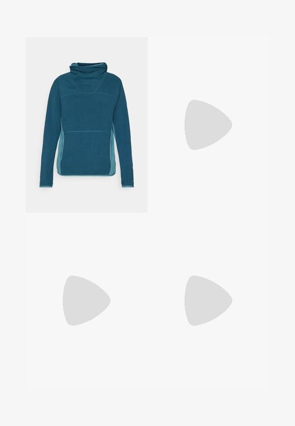 Peak Performance TREELINE HOOD - Fleecegenser - infinity teel; Mørk grå kortermet t-skjorte laget av teksturert stoff med rund hals, med en hvit Columbia-logo over brystet.; Columbia BREA FALLS™ COTTON RIPSTOP PANT - Friluftsbukser - black; Columbia PEAKFREAK - Fjellsko - black