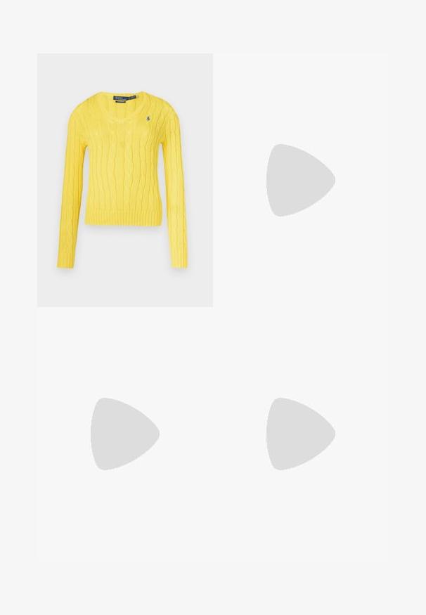 Dzeltena džemperis ar aušanas rakstu un V-veida izgriezumu, garām piedurknēm, ribaina apmale un apakša. Kreisajā augšējā pusē ir neliels logo.; Polo Ralph Lauren HEMP WIDE LEG PANT - Auduma bikses - nevis; Melnas ādas siksnu kurpes ar smailu pirkstu, nelielu papēdi un dekoratīvu sprādzi augšdaļā. Gluda tekstūra, minimālistisks dizains.; Melnas ādas rokas soma ar strukturētu dizainu, dubultiem augšējiem rokturiem, noņemamu plecu siksnu, zelta aparatūru un logo piekariņu akcentu.