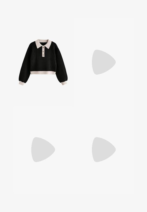 Maglione corto nero con design a treccia, dotato di colletto e polsini a coste color crema, patta con tre bottoni e tessuto testurizzato.; Pantaloni neri a gamba larga con pieghe, caratterizzati da una texture liscia e un design a vita alta. Stile minimalista, senza hardware o decorazioni visibili.; Décolleté in vernice nera con punta affusolata e tacco in geometria cubica. Presentano un design elegante e minimalista, con una texture liscia.; Borsa a tracolla nera in pelle con una forma curva, manico rimovibile e accessori dorati. La borsa presenta una patta con un dettaglio a fibbia.