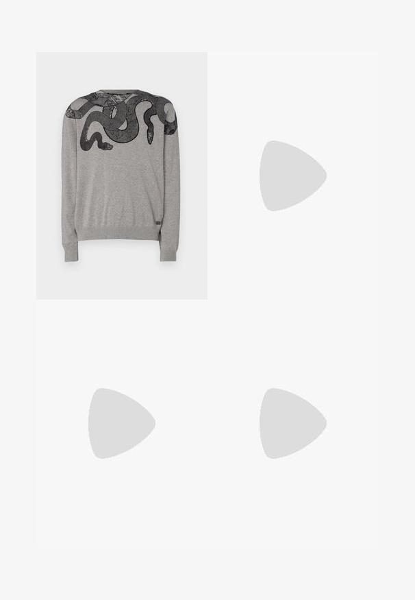 Maglione grigio a maglia con un design di serpente nero. Il maglione ha maniche lunghe, polsini e orlo a coste, con dettagli intricati sul motivo del serpente.; Jeans in denim nero con vestibilità dritta. Presentano aree sbiadite, leggeri segni di usura, classico design a cinque tasche e chiusura con bottone.; Sneaker in pelle bianca con una finitura liscia, punta rotonda, lacci piatti e suola testurizzata. Presenta un logo discreto sul tallone.; Occhiali da sole neri rotondi con lenti scure e sottili bracci in metallo. Include punte trasparenti e accenti argentati alla cerniera. Design minimalista.