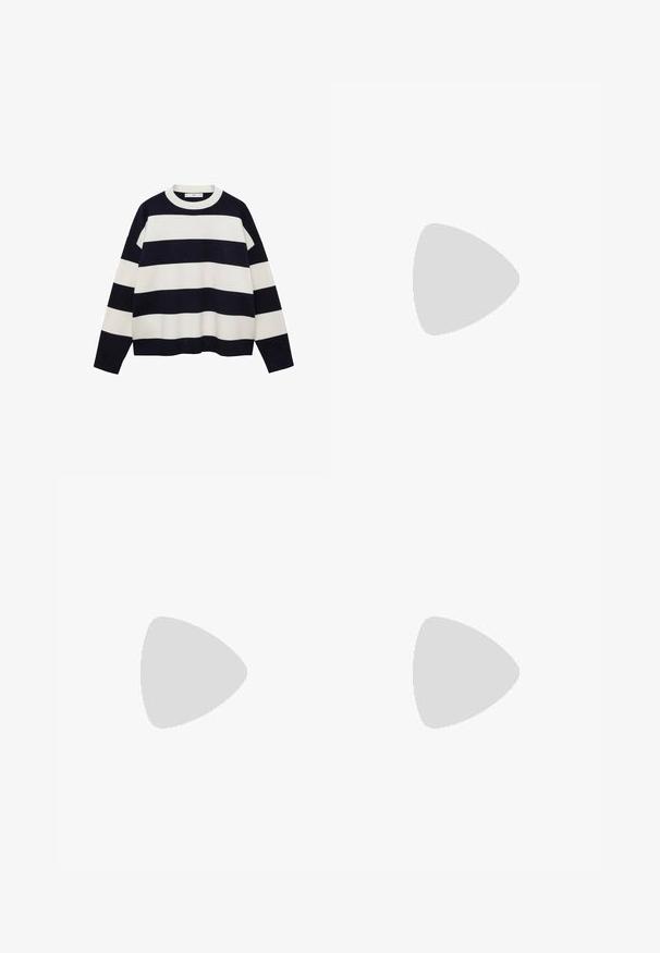 Maglione a righe in blu navy e bianco con collo rotondo, maniche lunghe e vestibilità comoda. Tessuto liscio, con un motivo a righe uniforme in tutto il capo.; Bershka Jeans a sigaretta - mottled dark grey; Scarpe sportive con tomaia in pelle bianca, punta in suede grigia e tre strisce nere. Presentano un logo blu sulla linguetta e una suola in gomma testurizzata.; Occhiali da sole neri e angolari con lenti grigie; realizzati in plastica, con aste spesse dalla superficie liscia e senza hardware visibile.