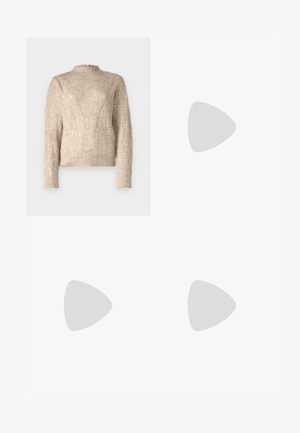 JDY JDYLETTY STRUCTURE - Trui - beige; Lichtblauwe flared jeans van denim, met een hoge taille, vijf zakken en een subtiele gradient vervaging naar de zoom toe.; Bruine leren cowboylaarzen met een spitse neus en blokhak, voorzien van gedetailleerde stiksels en verhoogde accenten op de schacht.; Zwarte leren clutch met een klep en een gouden metalen sluiting. Inclusief een zwarte schouderband en een slank, minimalistisch ontwerp.; Zilveren creolen met een gedraaide ontwerp, voorzien van een gepolijste afwerking en een post-back sluiting. Meet ongeveer 3 cm in diameter.