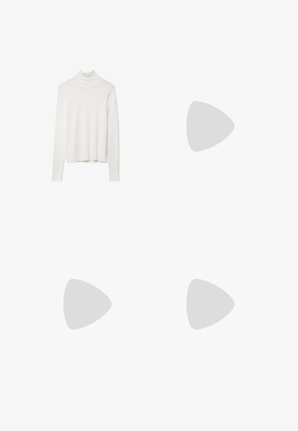 Bela turtleneck pulover z dolgimi rokavi, zguban tekstura, prilegajoča zasnova in ravno obrobljen rob, izdelan iz mehkega pletenega materiala.; Svjetloplave traperice s ravnim nogavicama, visokim strukom i vidljivim detaljima šivanja. Tkanina ima klasičan izblijeđeni izgled.; Črne semšaste superge s roza trojnim črtastim dizajnom, sivo gumo podplat in teksturiran jezik. Imajo blagovno znamko na strani in peti.; Črna sintetična torba za ramo s ukrivljeno silhueto, teksturirano površino, zlatim trikotnim logotipom in odstranljivimi dodatki.