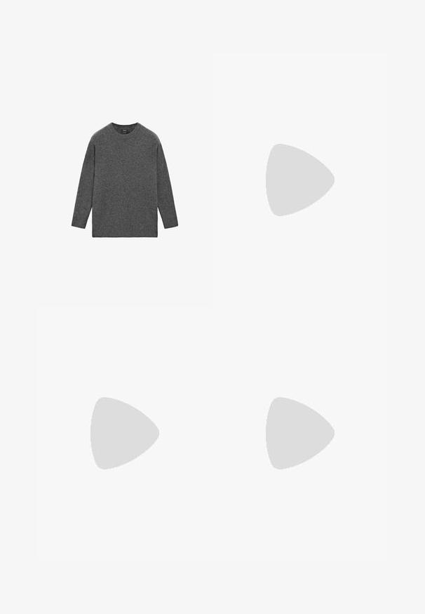Långärmad tröja med rund hals i solide mörkgrått stickad tyg med rak nederkant och avslappnad passform.; Långärmad vit skjorta i mjukt material, med rund hals och rak nederkant. Minimalistisk design utan synliga mönster eller detaljer.; Brunstickad midi kjol med en kroppsnära passform, slät textur, inga synliga mönster och en enkel, ren design utan utsmyckningar.; Svart lackläderspump med rund tås, liten blockklack och rosettdetalj framtill. Slät yta med en glänsande finish.; Svarta plastsolglasögon med gröna linser, fyrkantiga bågar, silverdetalj på ögonbrynet och texturerade skalmar. Angiven märkning på den inre skalmen.; Marinblå läderhandväska med två långa handtag, en spänndetalj och en nyckelring fäst. Har en slät yta och en rektangulär form.