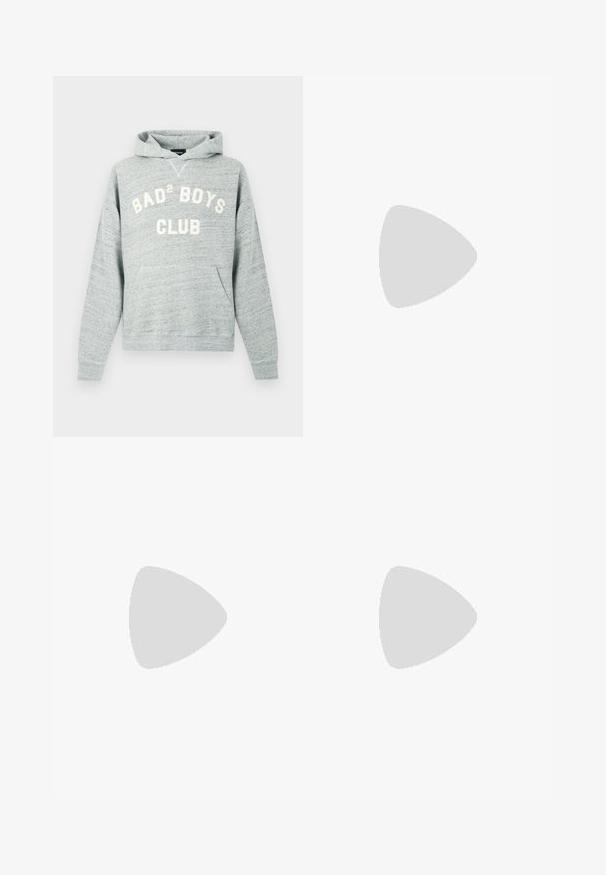 Light grey hooded sweatshirt with front pocket and white text "BAD² BOYS CLUB" on the chest.; Black denim jeans with a straight fit. Features faded areas, minor distressing, classic five-pocket design, and a button closure.; White leather sneaker with a smooth finish, round toe, flat laces, and a textured sole. Features a subtle logo on the heel.; Black round sunglasses with dark lenses and slim metal arms. Includes clear temple tips and silver accents at the hinge. Minimalist design.