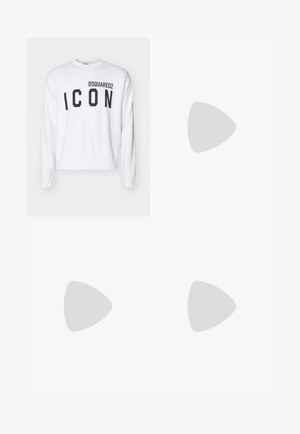 White sweatshirt featuring "DSQUARED2" and "ICON" in bold black lettering. Crew neckline with ribbed cuffs and bottom hem. Casual fit.; Black cotton t-shirt with short sleeves. Features white GCDS logo and "MILANO ITALY 1988" text in an arch. Standard fit and crew neck.; Black sweatpants with contrast red stripes and logo on the side. Features an elastic waistband with drawstring and tapered ankle cuffs.; Black leather loafer with a rounded toe, white accents, and gold hardware on the vamp. Features a textured patch and stacked heel.