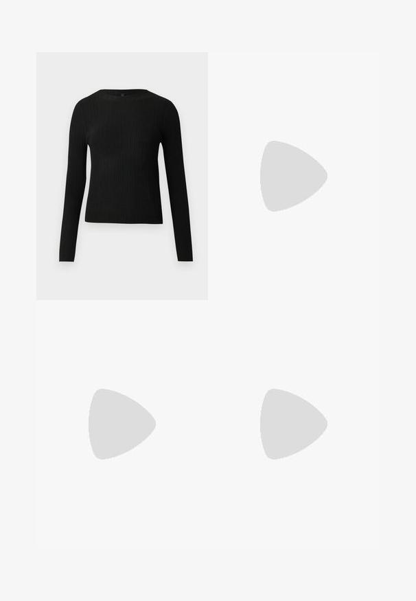 Schwarzer, gerippter, langärmliger, taillierter Pullover mit Rundhalskragen, vor einem schlichten, hellen Hintergrund präsentiert.; Weekday NOVA LOW RISE SLIM BOOTCUT - Jeans Bootcut - lip blue; Schwarze Lederstiefeletten in Knöchellänge mit spitzem Zehenbereich, glatter Oberfläche und silberner Schnallenakzent an der Seite. Massiver, quadratischer Absatz.; Schwarze Handtasche aus Kunstleder mit Krokodilstruktur, gerafftem oberen Teil und einem geschoppten Tragegurt. Sie wirkt weich und kompakt im Design.