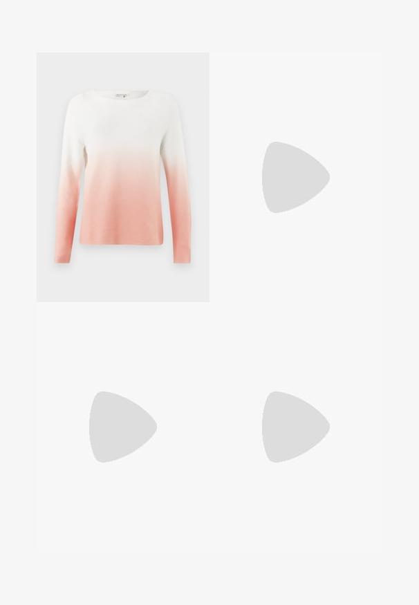 Langärmliger Strickpullover mit einem Farbverlauf von Weiß zu zartem Rosa, hergestellt aus leichtem Stoff mit einer strukturierten Oberfläche.; Schwarze Sweatpants aus einem Baumwollmix, mit einem Kordelzugbund, geraden Beinen und einem weißen Nike-Logo auf der linken Seite.; Beige, wasserdichte Stiefelette mit einer robusten Gummisohle, runder Zehenpartie, braunem Lederkragen, gelben Schnürsenkeln und einem Logo an der Seite.; Schwarze Stoffhandtasche mit zwei vorderen Taschen, die mit Schleifendetails versehen sind, doppelten Griffen und einem Reißverschluss. Weiche Textur und rechteckige Form.