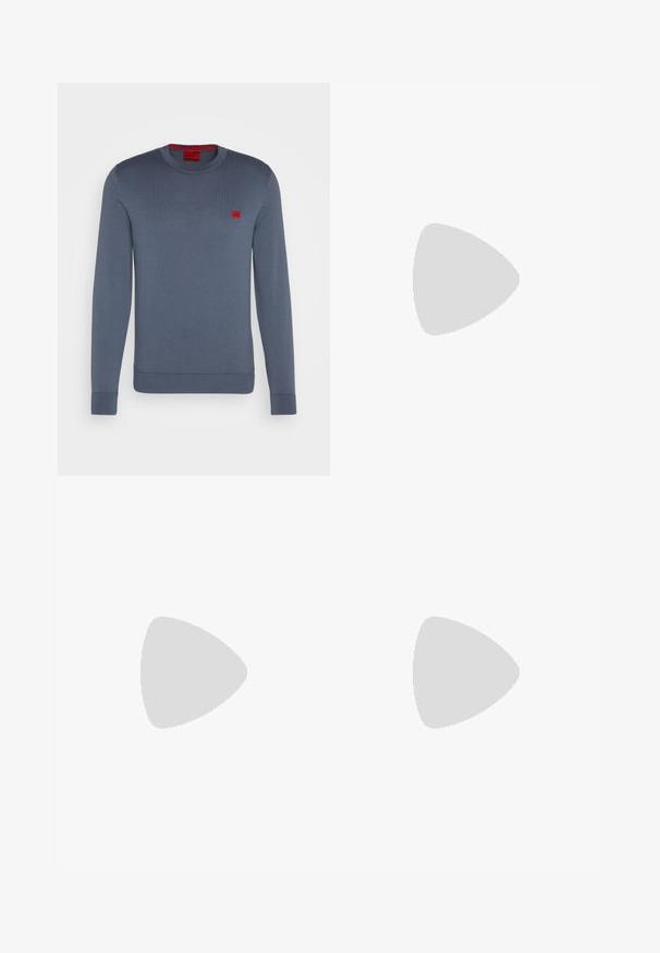 HUGO SAN CASSIUS - Pulover - open blue; Pantaloni cargo negri, confecționați dintr-un material rezistent, cu buzunare laterale, închidere cu nasture și un design slim fit. Textură fină, cu detalii minime.; Adidași albaștri din piele cu perforații, vârf rotund, talpă plată și șireturi groase, cu un logo swoosh vizibil și cu inscripția "AIR" pe toc.; Ceas de mână din oțel inoxidabil argintiu cu un cadran albastru marin, marcaje orare metalice și o fereastră pentru dată la ora 3. Rezistent la apă până la 50 de metri.