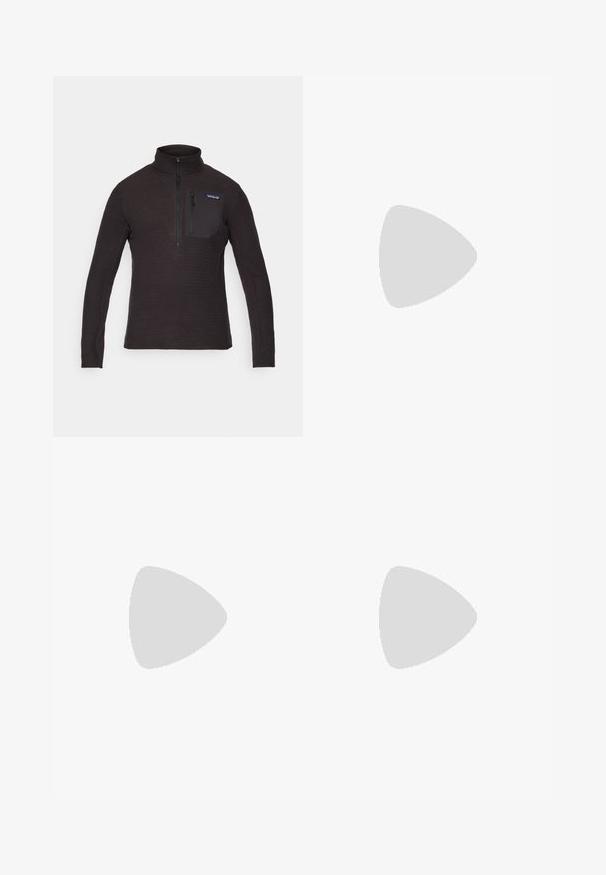 Zwart fleece pullover met hoge kraag, half-rits aan de voorkant en een ritszak op de borst. Bevat een gestructureerd patroon en lange mouwen.; Grijze T-shirt met korte mouwen, gemaakt van zachte, gestructureerde stof, met een klein blauw Patagonia-logo op de linkerkant van de borst. Geen extra patronen.; Zwarte sportieve broek met drawstring, zijzakken, licht gekreukt stof en een klein zichtbaar logo op de rechterdij.; Zwarte sportieve schoen met een gestructureerde synthetische bovenkant, een gevoerde zool en een snelvetersysteem. Heeft een verstevigde neus en hiel.; Beige sportzonnebril met bruine lenzen, een gestroomlijnd ontwerp, getextureerde zwarte accenten op de steunen en een hoekige vorm.