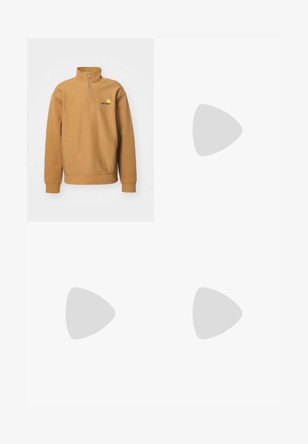 Pullover sweatshirt van tan fleece materiaal; heeft een halve rits hals, geribbelde manchetten en een contrasterend logo op de borst.; Witte katoenen T-shirt met een ronde hals en korte mouwen. Bevat een klein rood hartlogo op de linkerkant van de borstzak.; Witte katoenen cargobroeken met een relaxte pasvorm. Kenmerken zijn onder andere voorzakken, gouden hardware accenten en versterkte kniezones.; adidas Originals GAZELLE - Zaalvoetbalschoenen - real madrid/bluebird/footwear white/crew yellow
