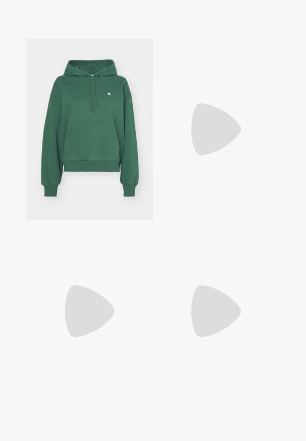 Carhartt WIP HOODED CASEY - Hoodie - sycamore tree/silver; White off-the-shoulder long-sleeve top made from ribbed material. Fitted design with a smooth texture and straight hemline.; Light blue denim trousers with a straight leg design, button closure, and front pockets. Fabric has a subtle texture with a smooth finish.; Black suede sneaker with white accents, flat laces, and rubber brown sole. Features a logo on the side and textured upper for grip.