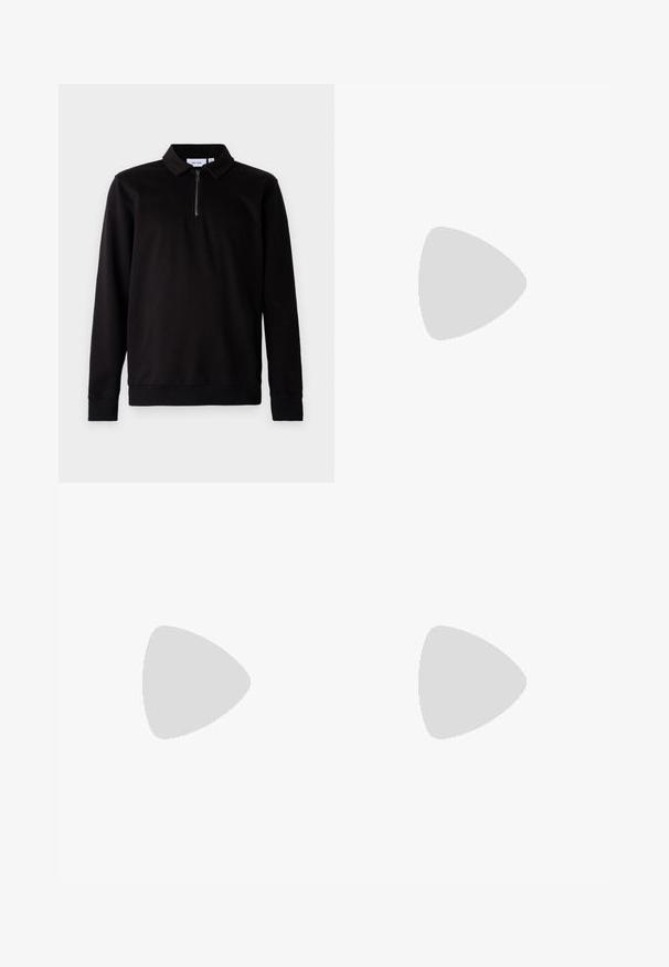 Schwarzer Pullover mit langen Ärmeln, Kragen, Viertel-Reißverschluss vorne und gerippten Bündchen und Saum. Weicher Stoff mit glatter Textur.; Drei ärmellose T-Shirts in Grau, Weiß und Schwarz. Weiches Baumwollmaterial mit Rundhalsausschnitt und lockerer Passform. Einfaches Design, keine Muster.; Dunkelblaue Denim-Jeans mit geradem Schnitt, Fünf-Taschen-Design, Metallknopfverschluss und kontrastierenden Nähten, die eine dezente Textur aufweisen.; Sportschuhe mit einem Obermaterial aus weißem Leder, grauer Wildleder-Zehenkappe und drei schwarzen Streifen. Sie verfügen über ein blaues Logo auf der Zunge und eine strukturierte Gummisohle.