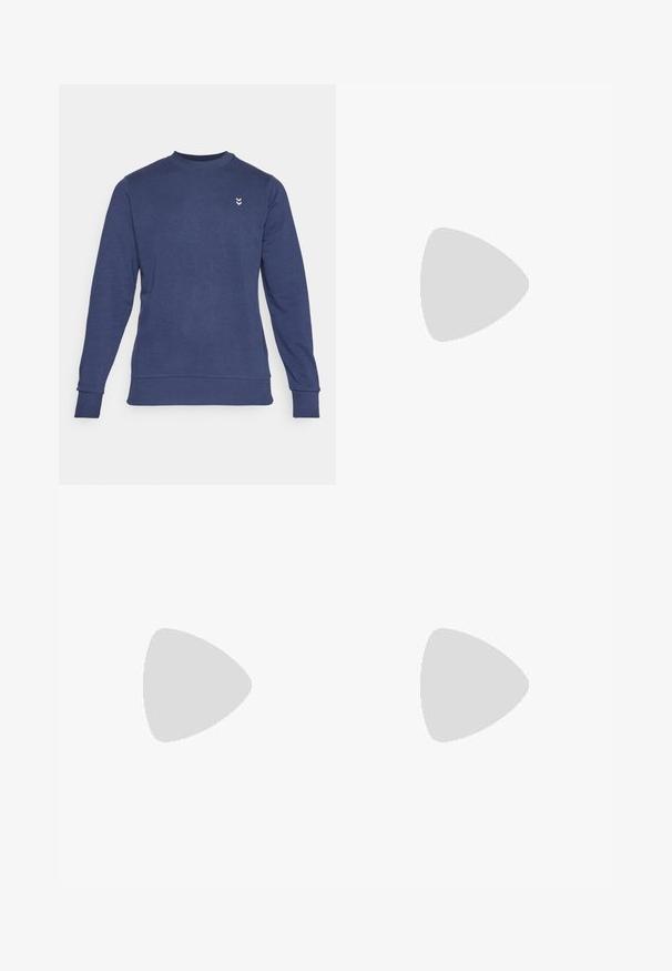 Navy blue sweatshirt made of textured fabric, featuring a crew neck, long sleeves, and a small logo in white on the chest.; White cotton t-shirt with crew neckline, short sleeves, and a small black "W.W." logo on the left chest. Smooth texture, regular fit.; Brown cotton utility pants with a straight leg design, featuring front pockets and metal hardware accents for added durability.; Black high-top sneakers with white sole and laces, paired with loose blue denim jeans, resting on a gray railing.