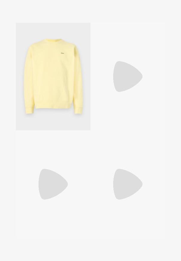 Yellow sweatshirt made of cotton, featuring a crew neckline and ribbed cuffs. Small green logo on the left chest. Soft, smooth texture.; Black denim wide-leg pants with a high waist, featuring five pockets and a button closure. Fabric has a smooth texture and slight stretch.; Black sneakers with a suede and synthetic upper, featuring three white stripes, textured rubber sole, and blue logo tag on the tongue.; Black oval sunglasses with dark lenses, thick frames, and silver dot accents on the sides. Smooth plastic material, contemporary design.