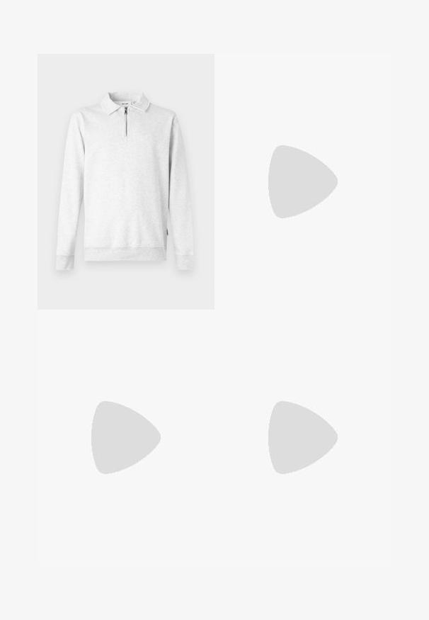 Sweatshirt gris clair avec un col zippé, des manches longues, des poignets et un ourlet côtelés. Fabriqué en tissu doux et texturé. Sans motifs ni accents.; Trois t-shirts sans manches en gris, blanc et noir. Tissu en coton doux avec un col rond et une coupe décontractée. Design simple, sans motifs.; Jean en denim bleu foncé avec une coupe droite, un design à cinq poches, une fermeture à bouton en métal et des surpiqûres contrastantes, présentant une texture subtile.; Baskets avec une tige en cuir blanc, un bout en daim gris et trois bandes noires. Présente un logo bleu sur la languette et une semelle en caoutchouc texturée.