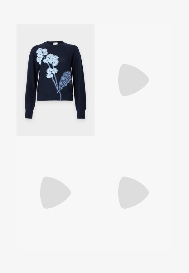 Navy blue sweater featuring long sleeves and a ribbed hem, adorned with light blue floral embroidery on the front.; Wide-leg dark denim jeans featuring green contrast stitching, five-pocket design, button closure, and a high waist silhouette.; Black leather ballet flat with a rounded toe, smooth texture, minimal stitching detail, and a flexible sole design.; Brown leather handbag with a flap closure, gold-tone hardware, a shoulder strap, and a smooth texture. Compact rectangular shape.