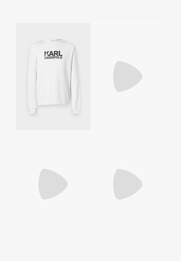 Sudadera blanca con un gran logo negro "KARL LAGERFELD" en la parte frontal. Cuello redondo clásico, puños y dobladillo de canalé. Material de algodón.; Camisa de algodón blanca de manga larga con cuello redondo, aberturas laterales en la parte inferior y una textura suave, exhibida desde la parte de atrás.; Jeans de mezclilla azul claro con un diseño de pierna recta, cinco bolsillos, cierre de botón, ligeramente desgastados y detalles de costura en contraste.; Zapatilla blanca con parte superior de cuero liso y perfil bajo. Presenta una puntera redondeada, seis ojales y una suela de goma texturizada.