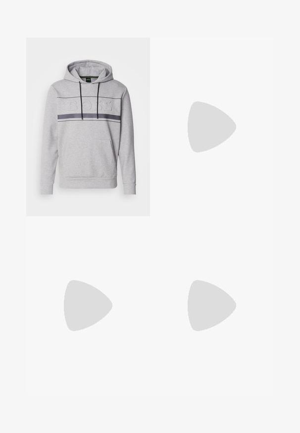 Grey hoodie with a kangaroo pocket, ribbed cuffs, and an embossed logo at the chest; features black drawstrings and horizontal stripe detail.; White cotton T-shirt with short sleeves, featuring a black "BOSS" logo centered on the chest and a round neck design.; Beige cotton trousers with a straight-leg cut, featuring a button closure and pleats at the front for added detail.; White leather sneaker featuring a textured upper, a round toe, minimalistic design, and a rubber sole with stitched detailing.
