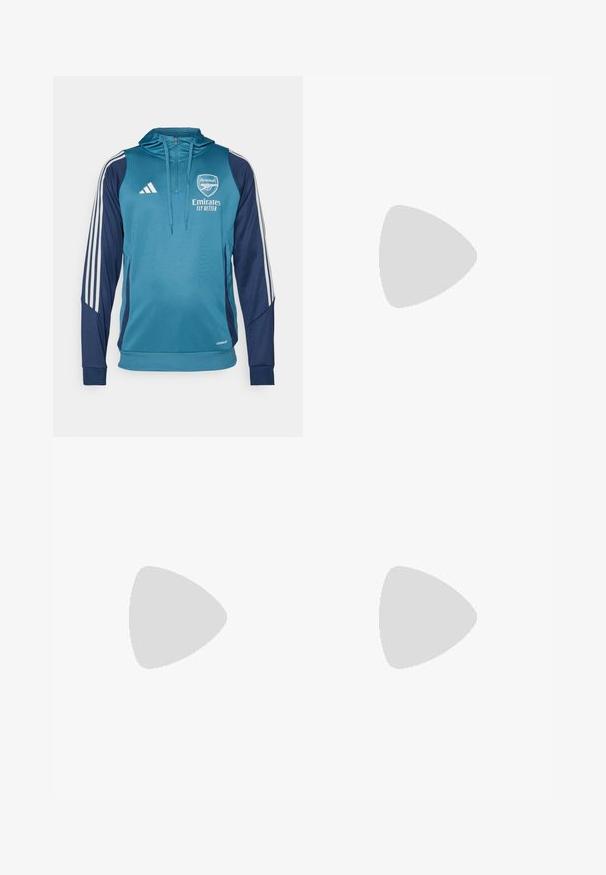 Teal ja navy värvi kapuutsiga pusakar, millel on valged Adidas'i triibud, logo ja tekst "Emirates Fly Better". Pehme kangas, atletlik lõike ja lukuga.; Valkoinen urheilupaita lyhyillä hihoilla, valmistettu kosteutta siirtävästä kankaasta. Vasemmassa rinnassa on musta logo ja kauluksen sisäpuolella on kuvio.; Mustat urheiluhousut, joissa on joustava vyötärö, valkoiset sivuraidat ja pieni valkoinen logo reidessä. Valmistettu sileästä, kevyestä materiaalista.; Mustat urheilukengät, joissa on teksturoitu verkkomateriaali yläosassa, valkoiset korostusraidat, pehmustettu pohja ja vahvistettu kanta tuen vuoksi.