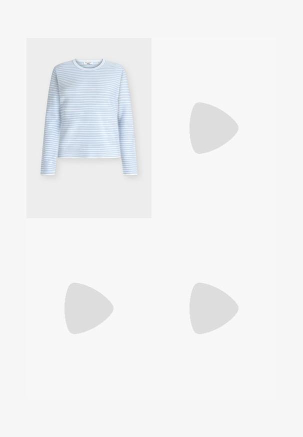 Light blue long-sleeve shirt with white horizontal stripes, round neckline, and soft texture. Designed with a relaxed fit and minimal accents.; Black trousers with a smooth fabric, featuring a fitted waistband and a textured grey belt with a gold buckle. Slightly tapered legs.; Black leather pump with a pointed toe and a low block heel. Features an ankle strap with a gold-tone buckle. Smooth texture.; Black oversized sunglasses with gradient lenses, thick frames, and gold-tone chain detailing on the temple arms.; White structured handbag with short handles and a shoulder strap, featuring gold hardware accents and textured material, displayed against a grey background.