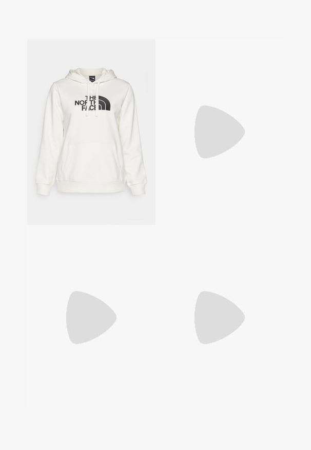 The North Face W DREW PEAK REGULAR HOODIE - Hoodie - white dune; Black long-sleeve t-shirt made of cotton with a round neck. Features a small white logo on the left chest area. Simple design and fit.; Black nylon zip-off cargo trousers with adjustable cuffs, multiple pockets, and a logo on the right leg. Smooth, lightweight texture.; Beige and cream athletic shoe with textured mesh upper, supportive overlays, and rubber outsole featuring a tread pattern for traction.