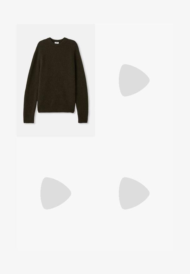 Dark green knit sweater with a crew neck, long sleeves, and ribbed hems. Made from soft, textured wool blend fabric.; Cream-colored polo shirt with a classic collar, short sleeves, and a slight v-split at the neckline. Smooth texture and minimal design.; Navy blue trousers made of cotton, featuring a straight-leg design, a front button closure, and classic waistband with belt loops.; White sneaker with smooth leather upper, thick cream rubber sole, and subtle stitching. Minimalist design with rounded toe and lacing system.